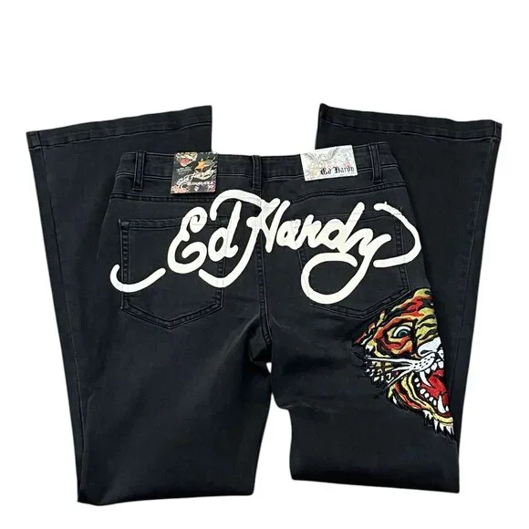 Y2K Ed Hardy Women's Biker Chic Black Denim Tiger head Slim Flare Jean Size: 30 - Picture 2 of 12